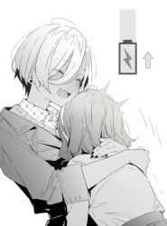 2girls battery_indicator blush closed_eyes commentary ear_blush earrings ebizuka_tomo girls_band_cry greyscale hairband hashtag-only_commentary hug jacket jewelry long_sleeves lwmina70119 medium_hair mole mole_under_eye monochrome multiple_girls open_mouth rupa_(girls_band_cry) short_hair smile stud_earrings yuri
