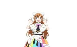 1girl animal_hat bear_hat blush brown_hair capelet claw_pose colorful_dreams!_colorful_smiles!_(love_live!) cowboy_shot dress earmuffs fur-trimmed_capelet fur-trimmed_collar fur_trim hair_ornament hairclip hands_up hat highres konoe_kanata long_hair looking_at_viewer love_live! love_live!_nijigasaki_high_school_idol_club love_live!_school_idol_festival_2 musical_note musical_note_print neck_ribbon official_art open_mouth piano_print purple_eyes purple_ribbon rainbow_print ribbon solo teeth transparent_background upper_teeth_only wavy_hair white_capelet white_dress white_hat wristband