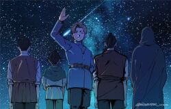 Rule 34 | 1girl, 4boys, albert brudzewski (chi.), astrolabe, black hair, black pants, blonde hair, blue jacket, brown vest, capelet, chi.: chikyuu no undou ni tsuite, closed eyes, closed mouth, collared shirt, comet, cowboy shot, draka (chi.), facing away, facing viewer, green capelet, hair bun, highres, hood, hood up, hooded robe, hubert (chi.), jacket, long hair, milky way, multiple boys, night, night sky, oczy, outdoors, pants, ponytail, rafal (chi.), robe, shirt, short hair, sinonome www, sky, sleeves rolled up, smile, star (sky), starry sky, swept bangs, twitter username, vest, waving, white shirt