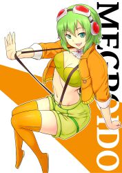 1girl :d ascot breasts cleavage earphones full_body goggles goggles_on_head green_eyes green_hair green_shorts gumi highres kakone looking_at_viewer medium_breasts navel open_mouth orange_background orange_thighhighs orange_vest red_goggles short_hair shorts smile solo thighhighs two-tone_background vest vocaloid white_ascot white_background