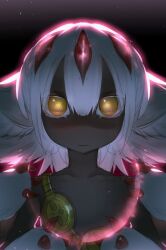 1girl :| absurdres caustics claws closed_mouth dark-skinned_female dark_skin faputa highres looking_at_viewer made_in_abyss mayagain red_claws solo white_fur white_hair yellow_eyes