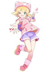 1girl :d ;d amitie_(happy_fairy)_(puyopuyo) amitie_(puyopuyo) animal_ear_headwear animal_ears armband backpack bag beanie bear_ears blonde_hair breasts dot_nose double-parted_bangs fake_animal_ears flipped_hair full_body green_eyes hand_up happy hat highres index_finger_raised jacket jazz_grace knee_up leg_warmers light_blush looking_to_the_side object_floating_above_hand official_alternate_costume one_eye_closed open_hand open_mouth outstretched_arm pigeon-toed pink_hat pink_jacket pink_shoes purple_armband purple_bag purple_footwear puyopuyo puyopuyo_quest raised_eyebrows reaching reaching_towards_another shoes short-sleeved_jacket short_eyebrows short_hair short_sleeves sideways_glance simple_background small_breasts smile solo split_mouth standing standing_on_one_leg tachi-e turtleneck turtleneck_jacket white_background white_leg_warmers