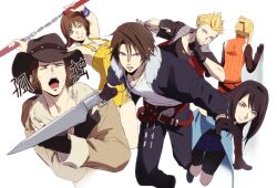 3boys 3girls belt bike_shorts black_gloves black_jacket black_pants black_shirt black_shorts blonde_hair blue_cardigan blue_eyes blue_skirt boots breasts brown_coat brown_hair brown_sleeves cardigan chain chain_necklace cleavage clenched_hands closed_eyes closed_mouth coat cowboy_hat cowboy_shot crossed_arms detached_sleeves facial_tattoo final_fantasy final_fantasy_viii fingerless_gloves fur-trimmed_jacket fur_trim furrowed_brow gloves green_eyes grey_eyes grin gunblade hair_tie hat highres holding holding_nunchaku holding_weapon igusaharu irvine_kinneas jacket jewelry leaning_forward long_hair long_sleeves low_ponytail medium_breasts multicolored_hair multicolored_jacket multiple_belts multiple_boys multiple_girls necklace nunchaku open_mouth orange_shirt overalls pants parted_bangs ponytail purple_ribbon quistis_trepe ribbon rinoa_heartilly scar scar_on_face scar_on_forehead selphie_tilmitt shirt short_hair short_sleeves shorts sidelocks skirt sleeveless sleeveless_shirt smile spiked_hair squall_leonhart streaked_hair sweatdrop tattoo teeth thigh_strap twitter_username updo weapon white_background white_fur white_shirt wrist_ribbon yellow_overalls zell_dincht