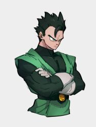 Rule 34 | 1boy, aqua eyes, black bodysuit, black hair, bodysuit, closed mouth, crossed arms, dragon ball, dragonball z, gloves, grey background, kemachiku, looking away, male focus, short hair, simple background, solo, son gohan, white gloves