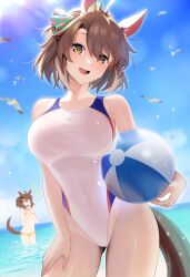 2girls absurdres ahoge animal_ears armpit_crease ball bare_shoulders beachball bikini bird blue_sky blurry blurry_background breasts brown_eyes brown_hair colored_tips commentary_request cowboy_shot dantsu_flame_(umamusume) day ear_covers ear_ornament gluteal_fold hair_between_eyes hair_ornament highleg highleg_swimsuit highres horse_ears horse_girl horse_tail jungle_pocket_(umamusume) large_breasts lens_flare looking_at_viewer medium_hair multicolored_hair multiple_girls ocean one-piece_swimsuit open_mouth outdoors partially_submerged ponytail seagull side-tie_bikini_bottom sidelocks sky small_breasts smile solo_focus streaked_hair swimsuit tail teeth ugohato umamusume upper_teeth_only wading water water_drop white_hair white_one-piece_swimsuit x_hair_ornament yellow_bikini
