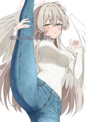 1girl absurdres adversarial_noise alternate_costume angel_wings blue_archive blue_pants blush braid breasts brown_hair casual commentary cowboy_shot crown_braid curled_fingers denim feathered_wings fingernails flower hair_between_eyes hair_flower hair_ornament halo hand_up highres holding holding_own_leg jeans large_breasts leg_lift leg_up long_hair long_sleeves looking_at_viewer nagisa_(blue_archive) pants parted_lips pink_flower pink_halo ribbed_sweater simple_background sleeves_past_wrists solo split standing standing_on_one_leg standing_split sweatdrop sweater sweater_tucked_in turtleneck turtleneck_sweater twitter_username very_long_hair white_background white_flower white_sweater white_wings wings yamano_rokamizu yellow_eyes