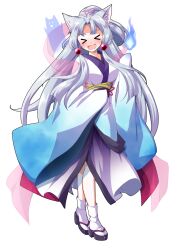 &gt;_&lt; 1girl :d animal_ear_fluff animal_ears blue_fire blue_kimono blush bow breasts commentary_request dairi facing_viewer fire fox_ears full_body geta grey_hair hagoromo hair_bow hair_ornament highres hitodama japanese_clothes kimono large_variant_set long_hair long_sleeves medium_breasts nhk_(voiceroid) obi okobo open_mouth parted_bangs pink_bow platform_sandals sandals sash see-through_clothes shawl sidelocks simple_background sleeves_past_fingers sleeves_past_wrists smile solo standing tabi tachi-e touhoku_itako transparent_background utau variant_set very_long_hair voiceroid wide_sleeves xd