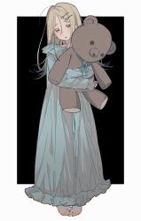 1girl absurdres barefoot blonde_hair blue_nightgown flipped_hair frown full_body full_burrrrrrst gakuen_idolmaster hair_ornament hairclip highres holding holding_stuffed_toy idolmaster large_teddy_bear long_eyelashes long_hair nightgown orange_eyes parted_bangs shinosawa_hiro solo standing stuffed_animal stuffed_toy teddy_bear