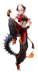 1girl absurdres arahenas black_collar black_gloves black_horns black_nails black_pants blonde_hair breasts collar fingerless_gloves fire flame-tipped_tail full_body gloves hair_between_eyes highres horns kokuyou_lira linea_alba multicolored_hair nail_polish navel pants partially_unzipped red_hair solo spiked_collar spiked_cuffs spikes standing standing_on_one_leg tail toenail_polish toenails two-tone_hair vee_(vtuber) virtual_youtuber yellow_eyes zipper