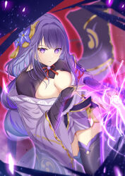 1girl armor black_thighhighs blue_pupils blurry blurry_background braid breasts bridal_gauntlets cleavage clothing_cutout cocoa_11vv commentary_request electricity flower flower_ornament genshin_impact glowing glowing_sword glowing_weapon gradient_hair hair_flower hair_intakes hair_ornament highres holding holding_sword holding_weapon huge_breasts japanese_clothes katana kimono long_braid long_hair looking_at_viewer looking_to_the_side mitsudomoe_(shape) mole mole_under_eye multicolored_eyes multicolored_hair musou_isshin_(genshin_impact) neck_ribbon off_shoulder panties parted_lips purple_eyes purple_flower purple_hair purple_kimono purple_nails raiden_shogun red_ribbon red_sash ribbon sash shade shoulder_armor shoulder_cutout single_braid slashing solo streaked_hair sword thighhighs thighs tomoe_(symbol) underwear weapon