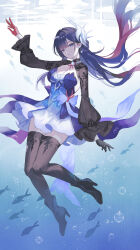 Rule 34 | 1girl, absurdres, black boots, black gloves, black shrug, black thighhighs, blue dress, blue eyes, blue hair, blunt bangs, boots, breasts, cleavage, closed mouth, dress, fish, from side, gloves, high heel boots, high heels, highres, honkai: star rail, honkai (series), hysilens (honkai: star rail), long hair, looking at another, looking at viewer, maria (maria rose), red gloves, shrug (clothing), solo, submerged, thighhighs