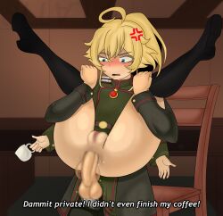 1boy 1girl absurdres age_difference alatir anal anger_vein annoyed anus arms_at_sides black_boots blazer blonde_hair blue_eyes blur_censor blush boots bottomless censored dot_nose english_text eyelashes full_nelson green_jacket hetero highres indoors jacket loli long_sleeves looking_at_penis looking_down medium_hair multicolored_jacket open_mouth penis pussy red_jacket reverse_suspended_congress sex sex_from_behind size_difference solo_focus tanya_degurechaff teeth testicles thigh_boots two-tone_jacket upper_teeth_only youjo_senki