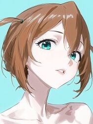 1girl aqua_eyes baba_konomi bare_shoulders blue_background brown_hair cobwvmeti collarbone highres idolmaster idolmaster_million_live! looking_at_viewer parted_lips portrait short_hair simple_background solo