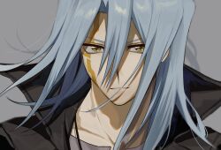 1boy black_coat coat facial_mark grey_background grey_hair highres kiryu_kyosuke long_hair male_focus simple_background solo upper_body yellow_eyes ynyanqx yu-gi-oh! yu-gi-oh!_5d&#039;s
