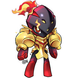absurdres armarouge armor artist_logo chibi colored_skin cwdw fiery_hair glowing glowing_eyes gold_armor gold_helmet helmet highres logo looking_at_viewer nintendo no_humans pokemon pokemon_(creature) red_eyes red_skin shoulder_armor simple_background solo white_background