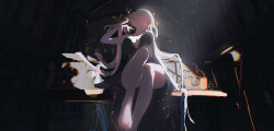 1girl alternate_costume artist_name bare_legs bare_shoulders barefoot black_dress breasts ceey commentary dress english_commentary feet hand_up highres jinhsi_(wuthering_waves) large_breasts legs long_hair looking_at_viewer sitting solo toes white_eyes white_hair wuthering_waves