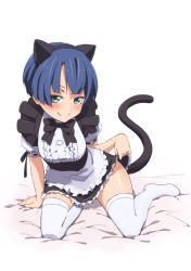 10s 1girl animal_ears ano_natsu_de_matteru apron aqua_eyes arm_support black_dress blue_hair cat_ears cat_tail clothes_lift dress dress_lift errant fake_animal_ears female_focus long_legs looking_at_viewer maid maid_apron naughty_face no_shoes puffy_sleeves short_hair sitting skirt skirt_lift smile solo tail tanigawa_kanna thighhighs thighs waist_apron white_thighhighs yokozuwari