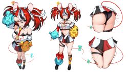 1girl :3 absurdres animal_ears aqua_bow ass ass_focus asymmetrical_sleeves black_hair black_panties black_skirt blue_eyes bow collar commentary crop_top cropped_legs cropped_torso detached_sleeves dice_hair_ornament english_commentary full_body hair_ornament hakos_baelz hakos_baelz_(1st_costume) highres hololive hololive_english jewelry key key_necklace long_hair looking_at_viewer microskirt mismatched_sleeves mouse_ears mouse_girl mouse_tail mousetrap multicolored_hair multicolored_skirt multiple_views navel necklace panpanmc4 panties pleated_skirt red_hair red_skirt shirt simple_background skindentation skirt spiked_collar spikes streaked_hair tail tail_bow tail_ornament thigh_strap thighs twintails underwear v v-shaped_eyebrows v_over_eye virtual_youtuber white_background white_hair white_shirt white_skirt