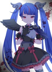 1girl absurdres armor black_dress black_gloves black_wings blue_eyes blue_hair brooch closed_mouth commentary corruption cowboy_shot cure_sky cure_sky_(dark) cut_bangs dark_persona detached_sleeves dress earrings feathered_wings fingerless_gloves frilled_dress frills gloves grey_thighhighs hair_ornament highres hirogaru_sky!_precure jewelry long_hair looking_at_viewer magical_girl multicolored_hair pauldrons possessed possession precure puffy_detached_sleeves puffy_sleeves red_eyes red_hair short_dress shoulder_armor single_pauldron single_sidelock single_wing skearhead sleeveless sleeveless_dress smile solo sora_harewataru spiked_pauldrons standing streaked_hair thighhighs twintails una-mikanbo very_long_hair wing_brooch wing_hair_ornament wings