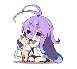 1girl animal antenna_hair black_necktie black_skirt black_socks blue_eyes blue_hair breasts cat chibi collared_shirt commentary_request fuyou-chan gradient_hair hair_between_eyes highres long_hair long_sleeves medium_breasts milkpanda multicolored_hair navel necktie original parted_lips purple_hair shirt short_eyebrows skirt sleeves_past_fingers sleeves_past_wrists socks solo sweat thick_eyebrows very_long_hair white_background white_shirt
