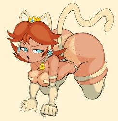 1girl all_fours animal_ears animal_hands ass ass_freckles bare_shoulders blue_eyes body_freckles breasts brown_hair cat_ears cat_tail collarbone cosplay crown darkstalkers earrings elbow_gloves felicia_(darkstalkers) felicia_(darkstalkers)_(cosplay) freckles_on_breasts full_body gloves highres huge_ass jewelry looking_at_viewer mario_(series) medium_breasts medium_hair nintendo open_mouth paw_gloves princess_daisy purple-yoshi-draws revealing_clothes simple_background solo super_bell tail tan tanline thick_thighs thighs yellow_background