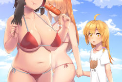 1boy 2girls :t ahoge bare_arms bare_shoulders bikini black_hair blonde_hair blue_sky blush bow braid breasts cleavage clothes_writing cloud collarbone commentary_request cookie_(touhou) cowboy_shot day fat food from_side genderswap genderswap_(ftm) groin hair_bow hair_tubes hakurei_reimu halterneck holding_hands hands_up head_out_of_frame height_difference highres holding holding_food ikayaki kirisame_marisa large_breasts looking_at_another multiple_girls no_headwear no_headwear open_mouth orange_bikini orange_hair outdoors plump polka_dot profile purple_bow red_bikini rei_(cookie) reu_(cookie) sausage shirt short_sleeves side-tie_bikini_bottom sidelocks single_braid sky standing swimsuit t-shirt tarmo thighs touhou translation_request upper_body white_bow white_shirt x_x yellow_eyes