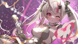 1girl backlighting beckoning black_bow blowing_kiss blush bow breasts commentary_request concert cropped_shirt double-parted_bangs earrings foreshortening frilled_bow frills gloves hair_bow heart heart_earrings highres holding holding_microphone hololive hololive_idol_uniform_(origin) horns idol idol_clothes jewelry long_hair looking_at_viewer medium_breasts microphone midriff multicolored_hair nakiri_ayame navel neck_ribbon official_alternate_costume official_art one_eye_closed oni outstretched_arm outstretched_hand parted_lips puckered_lips reaching reaching_towards_viewer red_eyes red_hair red_ribbon red_streaks ribbon shirt shuri_(84k) sketch skin-covered_horns skirt sleeveless sleeveless_shirt solo sparkle spread_fingers stage stage_lights standing streaked_hair twintails twitter_username two-tone_hair unfinished upper_body virtual_youtuber white_gloves white_hair white_ribbon white_shirt white_skirt