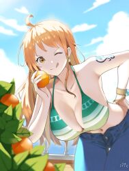 1girl ;q absurdres bangle bare_shoulders bikini bikini_top_only blue_pants blue_sky bracelet breasts brown_eyes camus_(luthfancamus) cleavage closed_mouth cloud cloudy_sky commentary cowboy_shot denim earrings food fruit green_bikini halterneck hand_on_own_hip highres holding holding_food holding_fruit jeans jewelry large_breasts leaning_forward log_pose long_hair looking_at_viewer mandarin_orange nami_(one_piece) navel ocean one_eye_closed one_piece orange_hair orange_tree outdoors pants pearl_earrings shoulder_tattoo single_sidelock sky smile solo stomach swimsuit tattoo thigh_gap tongue tongue_out wavy_hair