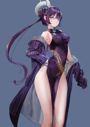 1girl :o absurdres black_dress black_gloves blue_archive blue_eyes breasts butterfly_hair_ornament china_dress chinese_clothes clothes_pull commentary_request dragon_print dress gloves grey_background grey_halo hair_bun hair_ornament halo highres jacket jacket_pull kisaki_(blue_archive) medium_breasts pinstripe_pattern print_dress sanseki-hahn simple_background solo striped_clothes striped_jacket thighs vertical-striped_clothes vertical-striped_jacket