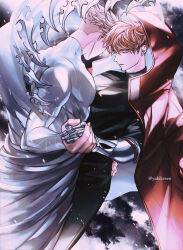 2boys absurdres black_pants black_shirt blade_wings brothers coat earrings hand_on_another&#039;s_waist highres holding_hands hood hood_up incest jewelry millions_knives mole mole_under_eye multiple_boys pants pectoral_press prosthesis prosthetic_arm red_coat shirt siblings trigun trigun_stampede vash_the_stampede yakikesen yaoi