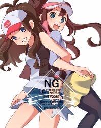 2girls baseball_cap black_pantyhose black_vest blue_eyes blush breasts brown_hair cutoffs denim denim_shorts donut_hair_bun double_bun exposed_pocket hair_bun hat high_ponytail highres hilda_(pokemon) long_hair looking_at_viewer multiple_girls nintendo open_clothes open_mouth open_vest pantyhose pantyhose_under_shorts poke_ball_print pokemon pokemon_bw pokemon_bw2 ponytail raglan_sleeves rosa_(pokemon) shirt short_shorts shorts sidelocks simple_background smile teeth twintails upper_teeth_only vest visor_cap white_background white_shirt wristband x670081 yellow_shorts