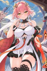 Rule 34 | 1girl, absurdres, bare shoulders, black jacket, black thighhighs, blush, body markings, braid, breasts, bright pupils, changli (wuthering waves), cleavage, closed mouth, colored extremities, commentary, cowboy shot, dress, hair between eyes, hair extensions, hair ornament, hand up, highres, jacket, koharutoki02, large breasts, looking at viewer, multicolored hair, pink hair, red hands, ring hair extensions, smile, solo, tacet mark (wuthering waves), thigh gap, thigh strap, thighhighs, thighs, twin braids, two-tone hair, white dress, white hair, white pupils, wuthering waves, yellow eyes