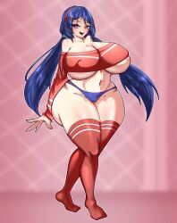 1girl absurdres arm_at_side blue_hair blue_panties breasts cameltoe collarbone covered_erect_nipples eyelashes female_focus full_body hairband highres huge_breasts long_hair looking_at_viewer low_twintails miside mita_(miside) miyako.noh navel off-shoulder_shirt off_shoulder open_mouth panties pink_background purple_eyes red_hairband red_shirt red_thighhighs shirt simple_background smile solo standing teeth thick_thighs thighhighs thighs twintails underwear upper_teeth_only wide_hips