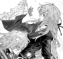 Rule 34 | 1boy, 1girl, black dress, bug, butterfly, choker, dress, earrings, frilled sleeves, frills, greyscale, hair between eyes, hair ribbon, insect, jewelry, long hair, long sleeves, monochrome, original, qyzhiaiyisheng, ribbon, simple background, sketch, very long hair, white background, wide sleeves