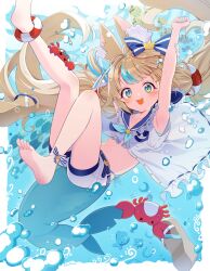 1girl :3 :d ahoge animal_ear_fluff animal_ears arm_behind_head arm_up armpits bare_legs barefoot bikini bikini_under_clothes bikini_under_shorts blonde_hair blue_bikini blue_bow blue_eyes blue_hair blue_nails blue_sailor_collar blunt_bangs bow cat_ears dress fins fish fish_girl fish_tail frilled_bikini frilled_sailor_collar frills hair_bow highleg highleg_bikini highres indie_virtual_youtuber itaboon kaniki_(sameko_saba) lifebuoy_hair_ornament long_hair looking_at_viewer low_twintails multicolored_hair nail_polish navel one_side_up open_mouth sailor_collar sailor_dress sameko_saba short_shorts shorts side-tie_bikini_bottom sleeveless sleeveless_dress smile soles solo streaked_hair striped_bikini striped_clothes swimsuit tail twintails unbuttoned underwater very_long_hair virtual_youtuber white_dress white_hair white_shorts