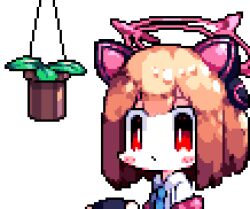 1girl animal_ear_headphones animal_ears animated animated_gif blue_archive blue_necktie blush_stickers bright_pupils cat_ear_headphones chibi collared_shirt disintegration downvote_(downvote_me) dress_shirt fake_animal_ears halo headphones long_sleeves looking_ahead medium_hair momoi_(blue_archive) necktie no_nose orange_hair pink_halo pixel_art plant potted_plant red_eyes shirt solo upper_body walking white_pupils white_shirt