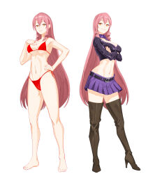 2girls absurdres akuma_no_riddle bare_shoulders barefoot bikini black_shirt boots breasts brown_footwear cleavage closed_mouth collarbone commentary commission crop_top crossed_arms drill_hair drill_sidelocks dual_persona full_body groin hair_between_eyes hand_on_own_chest hand_on_own_hip high_heel_boots high_heels highres inukai_isuke kazukida large_breasts long_hair long_sleeves looking_at_viewer midriff multiple_girls navel orange_eyes parted_lips pink_hair plaid_clothes plaid_scarf plaid_skirt purple_scarf purple_skirt red_bikini scarf shirt side-tie_bikini_bottom sidelocks simple_background skirt smile standing stomach swimsuit thigh_boots thighhighs twin_drills very_long_hair white_background zettai_ryouiki zipper