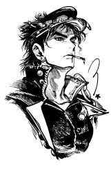 1boy absurdres adam&#039;s_apple cigarette commentary_request cropped_shoulders earrings eyelashes greyscale hat hatching_(texture) high_collar highres jacket jewelry jojo_no_kimyou_na_bouken korean_commentary kuujou_joutarou looking_away male_focus monochrome mullet my_nameisyoon portrait simple_background smoking solo star_(symbol) stardust_crusaders stud_earrings