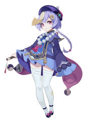 1girl absurdres bead_bracelet beads bracelet braid cape chinese_clothes coin_hair_ornament commentary_request full_body genshin_impact hair_between_eyes hair_ornament hat highres jewelry jiangshi long_hair long_sleeves looking_at_viewer low-tied_long_hair low_ponytail mxr ofuda orb parted_lips ponytail purple_eyes purple_hair qingdai_guanmao qiqi_(genshin_impact) short_shorts shorts sidelocks simple_background single_braid solo standing thighhighs vision_(genshin_impact) white_background yin_yang yin_yang_orb zettai_ryouiki