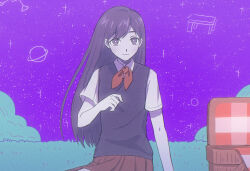1girl arm_support black_sweater_vest bright_pupils brown_skirt bskrf_vc bush chromatic_aberration closed_mouth collared_shirt commentary_request cowboy_shot double-parted_bangs eyebrows_hidden_by_hair film_grain fingernails grass hair_behind_ear hair_between_eyes hand_up long_hair looking_at_viewer mari_(headspace)_(omori) mari_(omori) neckerchief omori picnic_basket pleated_skirt purple_sky red_neckerchief shirt short_sleeves sitting skirt sky smile solo sparkle sweater_vest white_pupils white_shirt