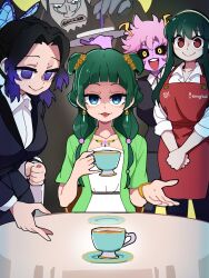 1boy 4girls absurdres artist_name ashido_mina black_hair black_jacket black_pants black_suit boku_no_hero_academia bongfill butler colored_skin crossover double_bun female_butler formal_clothes green_eyes green_hair group_picture hair_bun highres holding holding_tray horns jacket kimetsu_no_yaiba kochou_shinobu kusuriya_no_hitorigoto long_hair magellan_(one_piece) maomao_(kusuriya_no_hitorigoto) missing_commentary multicolored_hair multiple_girls one_piece pants pink_hair pink_skin purple_eyes purple_hair shirt short_hair sitting spy_x_family streaked_hair suit tray white_shirt yellow_eyes yor_briar