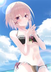 1girl absurdres bikini black_bikini blue_sky blush breasts closed_mouth collarbone commentary_request cowboy_shot day dutch_angle eyelashes eyes_visible_through_hair frilled_bikini frills hair_between_eyes hair_ornament hands_up highres kimuratamashi lens_flare looking_at_viewer medium_hair natsume_shizuku ocean outdoors own_hands_together pink_hair purple_eyes sakura_no_toki sakura_no_uta sky small_breasts smile solo split_mouth steepled_fingers swimsuit x_hair_ornament
