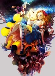 1boy 1girl alice_(alice_in_wonderland) alice&#039;s_adventures_in_wonderland blonde_hair blue_dress blue_footwear brown_hair crown cup dress floating gloves green_eyes hat highres holding holding_cup looking_at_viewer na_(sodium) original poker potion rabbit short_sleeves solo_focus upside-down white_gloves