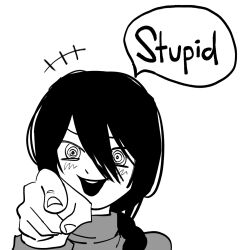 1girl chainsaw_man commentary english_commentary english_text greyscale hair_between_eyes highres long_hair monochrome myumui nayuta_(chainsaw_man) open_mouth pointing pointing_at_viewer ringed_eyes solo speech_bubble sweater teeth turtleneck turtleneck_sweater upper_teeth_only