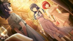 Rule 34 | arima kana, blue hair, brown hair, chandelier, cup, dress, drinking glass, earrings, game cg, green hair, hat, idolmaster, idolmaster shiny colors, indoors, jewelry, kurokawa akane, morino rinze, official art, oshi no ko, profile, red eyes, red hair, see-through clothes, wine glass