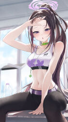 1girl absurdres bare_arms bare_shoulders black_pants blue_archive blush breasts brown_hair forehead hair_ornament hair_scrunchie highres looking_at_viewer navel open_mouth pants ponytail purple_eyes purple_scrunchie purple_sports_bra re_naya scrunchie solo sports_bra sumire_(blue_archive)