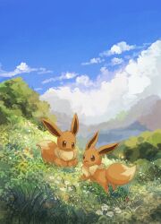 Rule 34 | animal focus, blue sky, brown fur, cloud, cloudy sky, day, eevee, flower, gen 1 pokemon, grass, highres, looking at another, nintendo, no humans, on grass, open mouth, pokemon, pokemon (creature), sitting, sky, smile, volpecorvo