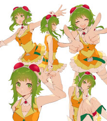 1girl belt closed_eyes double_v frilled_thigh_strap goggles goggles_on_head green_eyes green_hair gumi headset highres looking_up multiple_views open_mouth outstretched_arms short_hair_with_long_locks sitting skirt smile thigh_strap torino_sasami v vest vocaloid wrist_cuffs