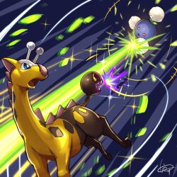 blue_eyes energy_beam gen_2_pokemon girafarig inosuke_(monstruo) jumpluff looking_at_another looking_back midair nintendo no_humans open_mouth pokemon pokemon_(creature) red_eyes signature solar_beam_(pokemon)