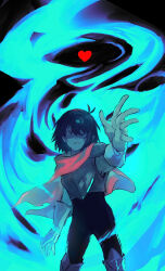 Rule 34 | 1other, absurdres, antenna hair, armor, armored boots, armored gloves, black bodysuit, blue background, blue fire, blue hair, blue skin, bodysuit, boots, breastplate, cape, colored skin, commentary request, deltarune, fire, floating, floating object, gloves, glowing, grey gloves, hair over one eye, hand up, heart, highres, kris (dark world) (deltarune), kris (deltarune), medium hair, one eye covered, onyu pu, open hand, other focus, outstretched hand, parted lips, pink cape, reaching, reaching towards viewer, red eyes, shaded face, shoulder armor, solo, yyu pu